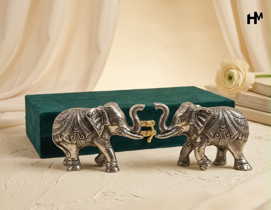 Royal Elephant Duo Figurines with Velvet Gift Box