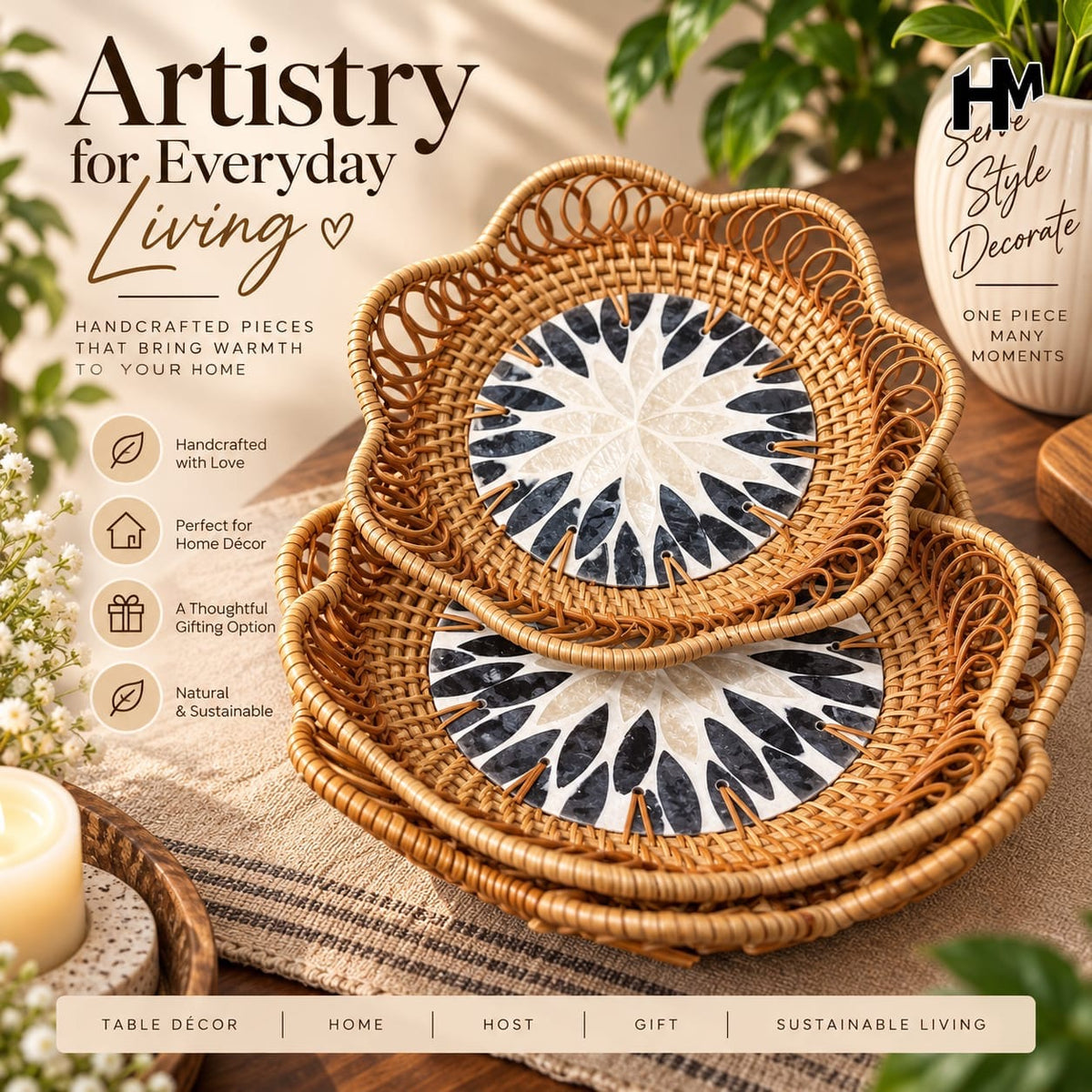 Rattan Cane tray set of 3