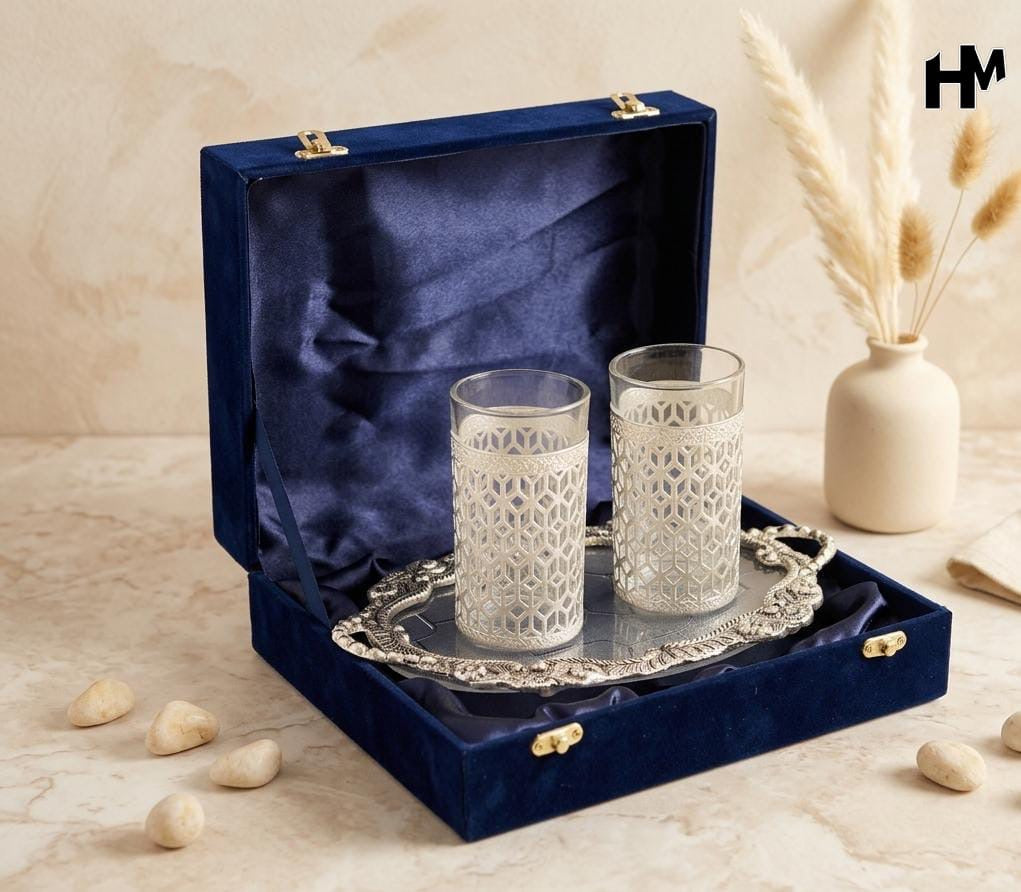 Royal Silver Tumbler & Tray Set with Velvet Gift Box