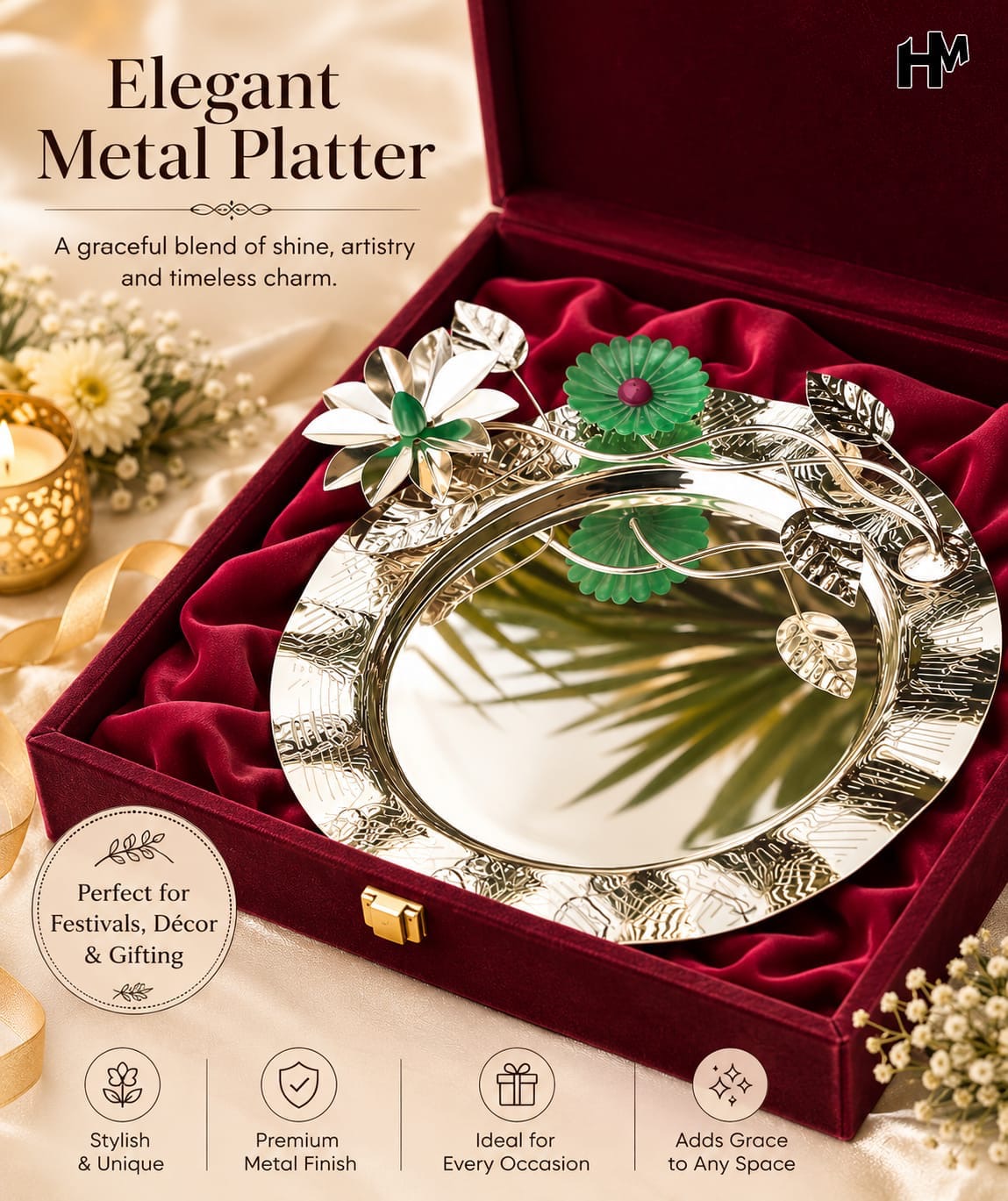 Elegant Metal Resin Floral platter