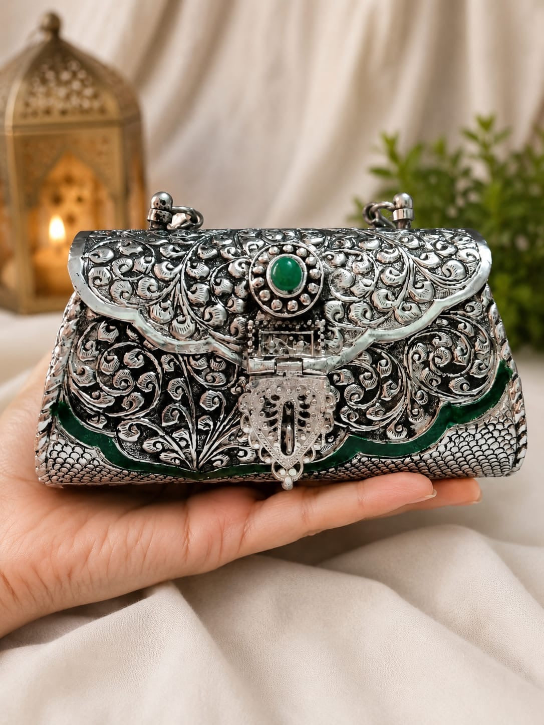Emerald Luxe Silver Clutch
