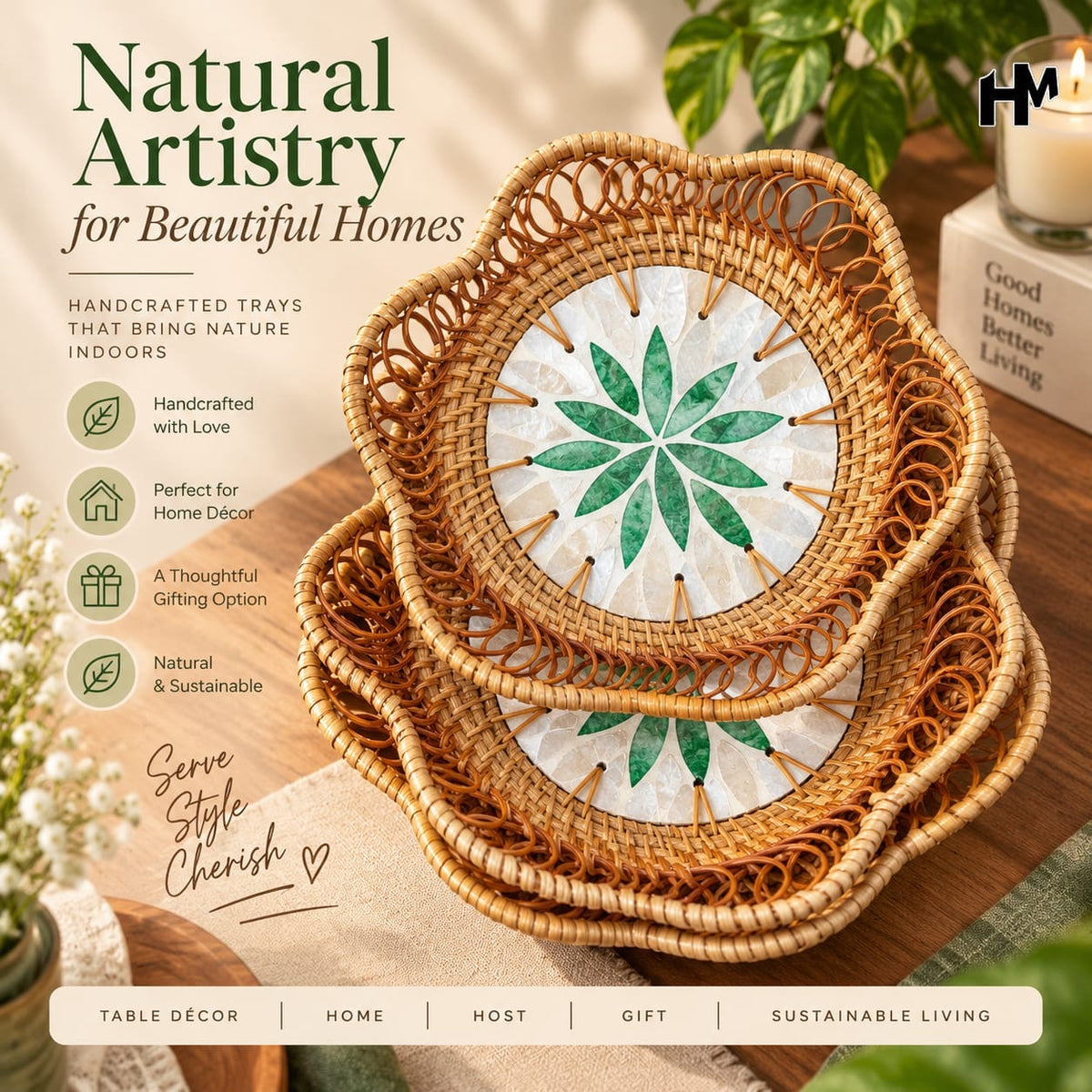 Rattan Cane tray set of 3