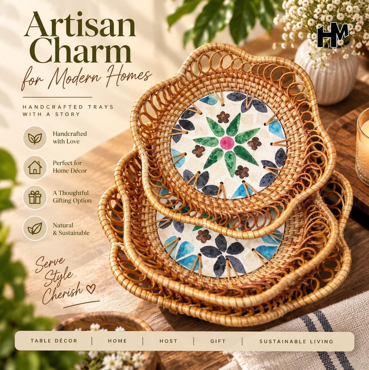 Rattan Cane tray set of 3