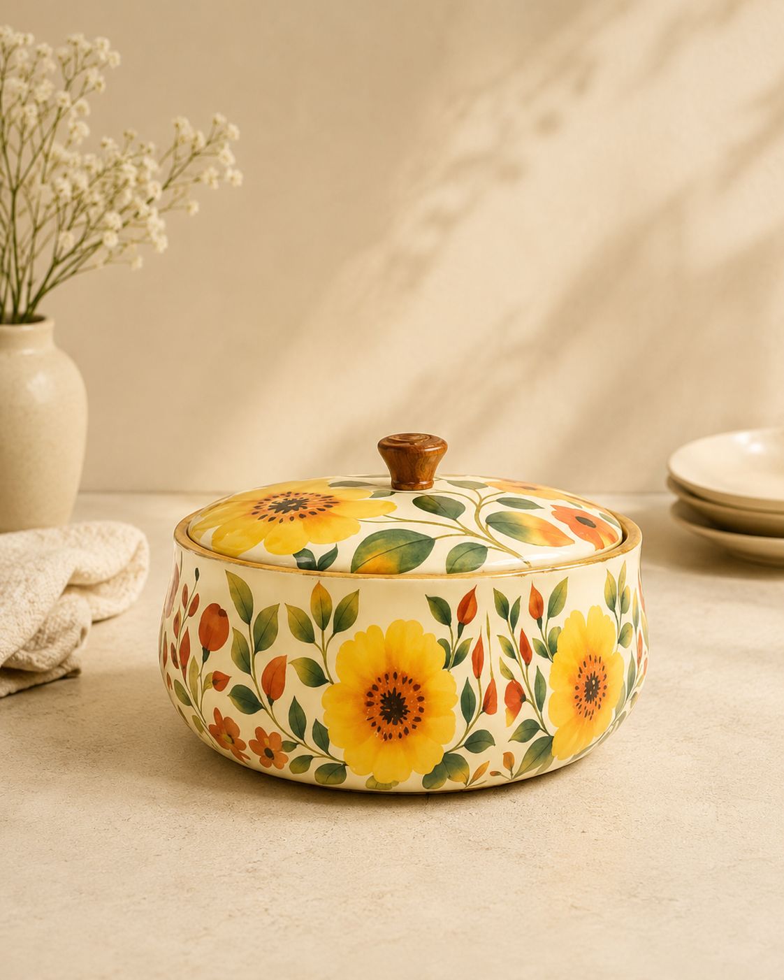 Sunflower Delight Mango wood Roti Box