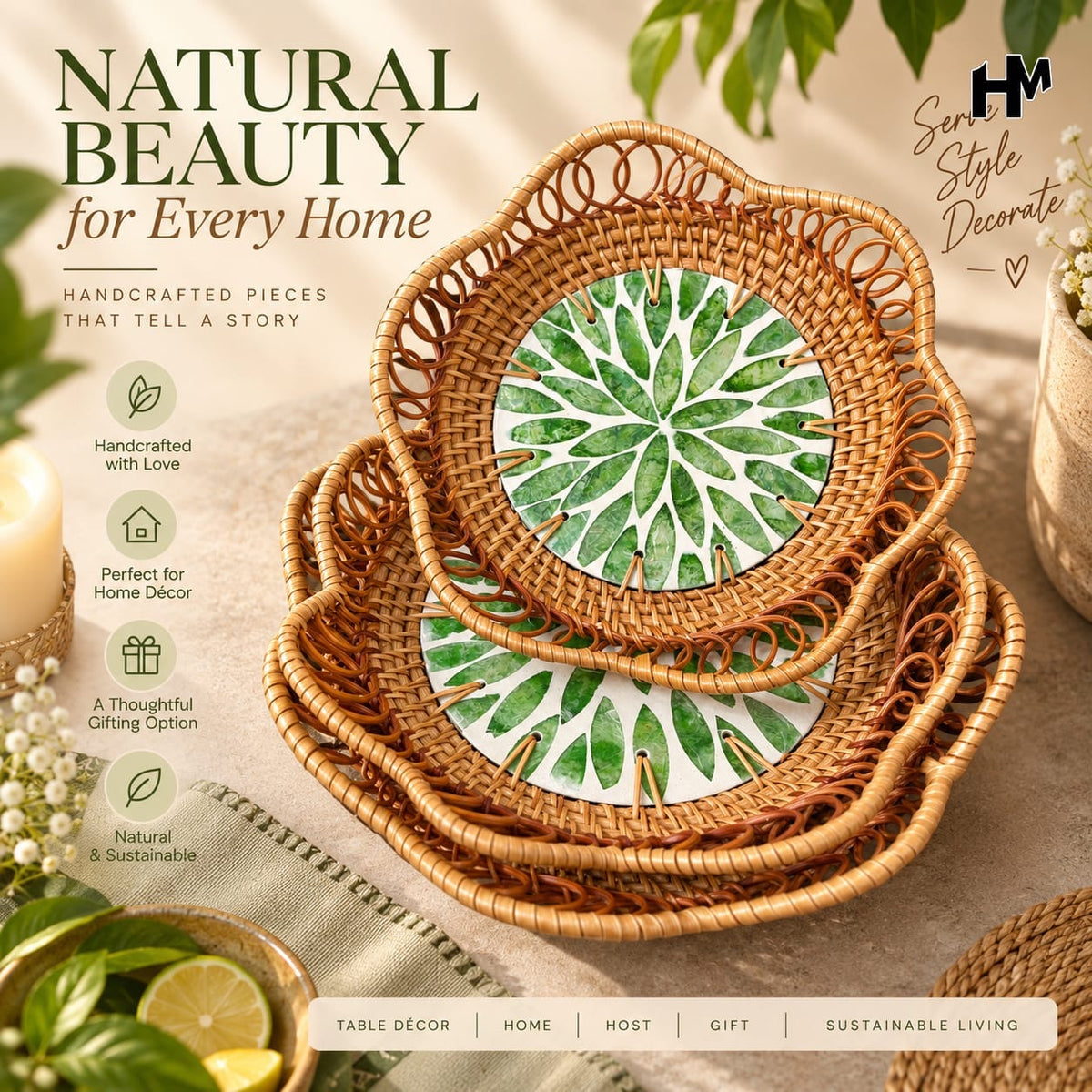 Rattan Cane tray set of 3